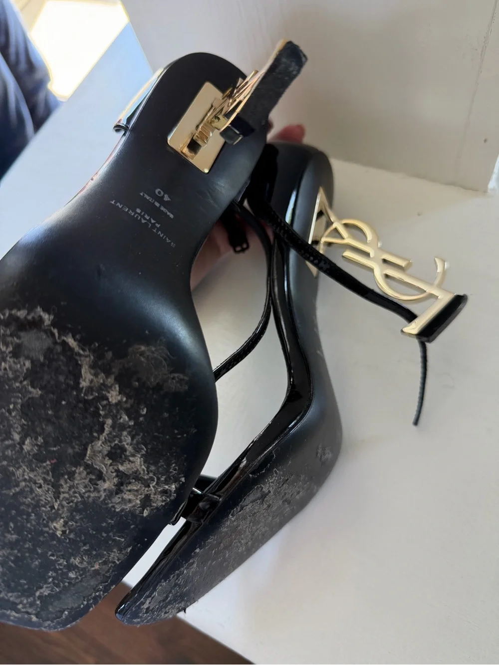 Saint Laurent Black Patent Leather Heeled Sandals with Gold YSL Heel - Picture 5 of 5